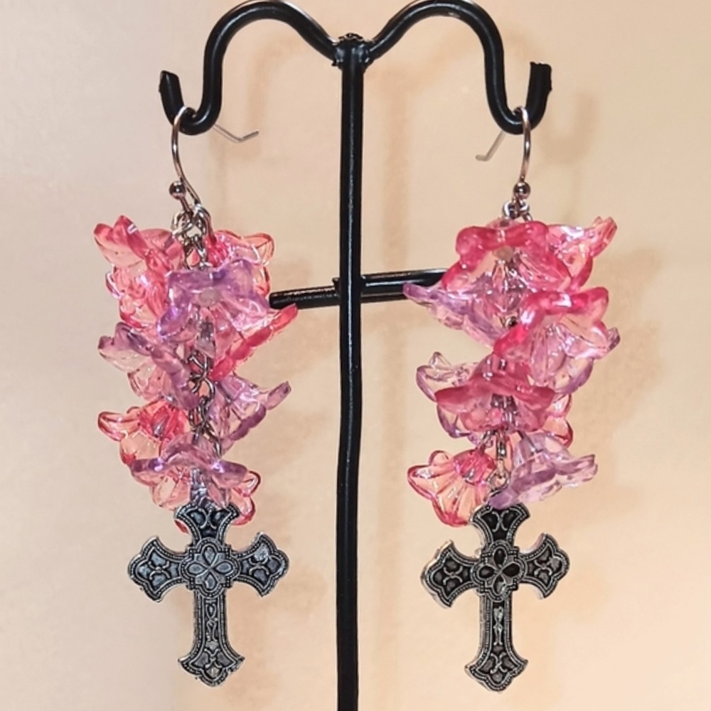 HANDMADE Pink & Purple Flowers w/ Gothic Cross Charms Beaded Dangle Earrings